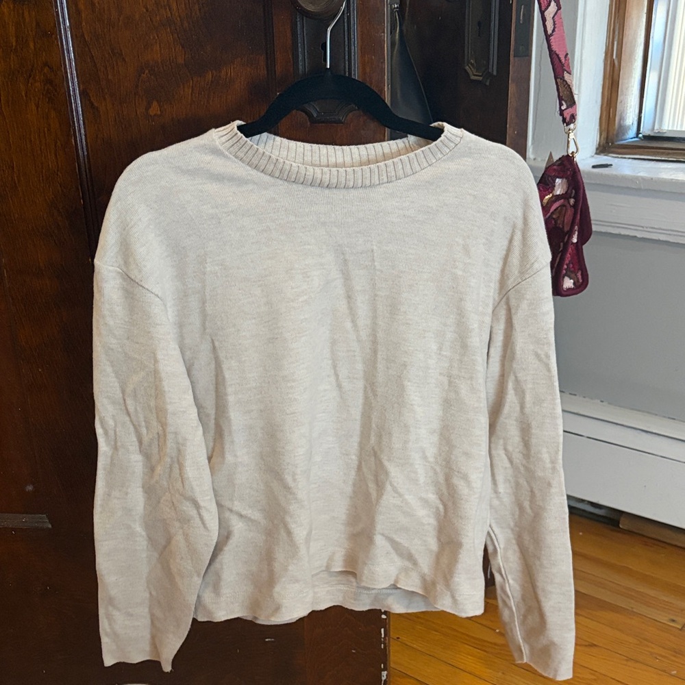 Zara Light Cream Ribbed Crewneck Sweater